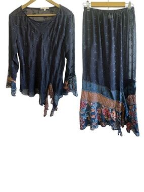 Vintage Spencer Alexis Size 10 Navy Blue Mesh Ruffle Top Skirt 2 Piece Set